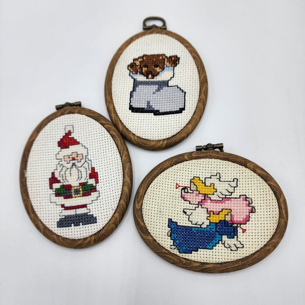 Lot of 3 Vintage counted cross stitch Christmas ornaments Santa,‎ angel & puppy